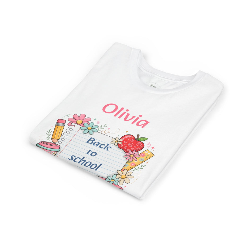 Folded back to school notebook kids t-shirt showing the graphic design