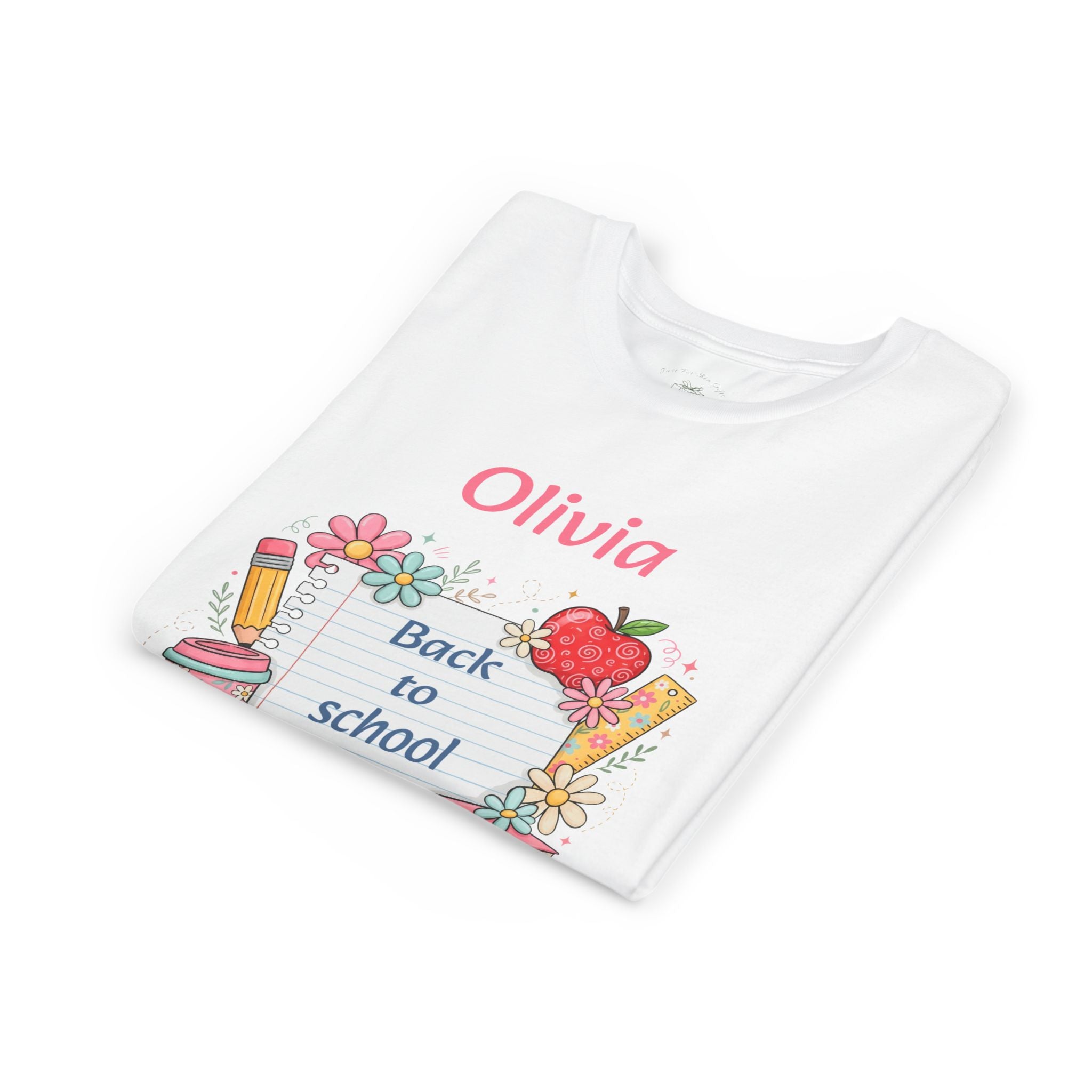 Folded back to school notebook kids t-shirt showing the graphic design