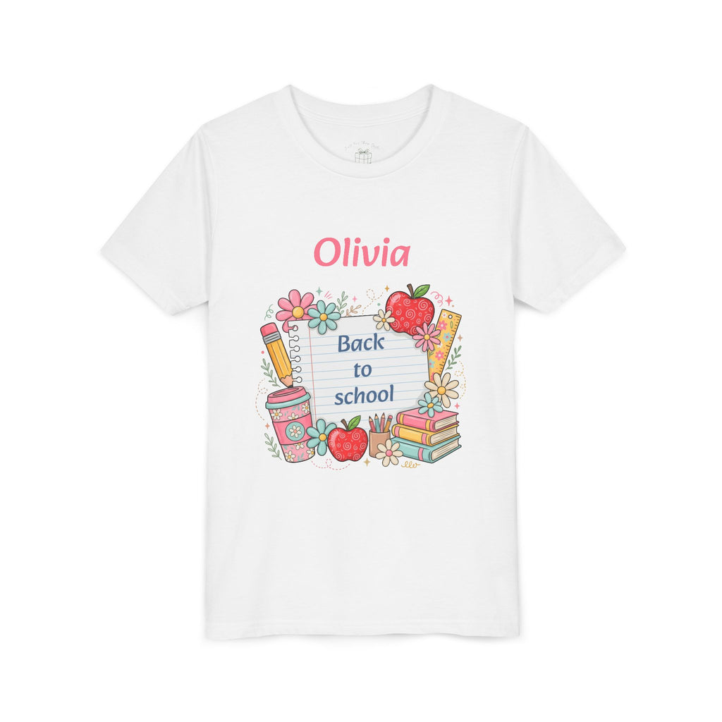 Back to school notebook design with personalized name, on white kids t-shirt