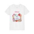 Back to school notebook design with personalized name, on white kids t-shirt