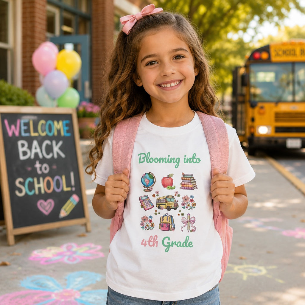 Child wearing personalized blooming into grade t-shirt outside school with backpack and school bus