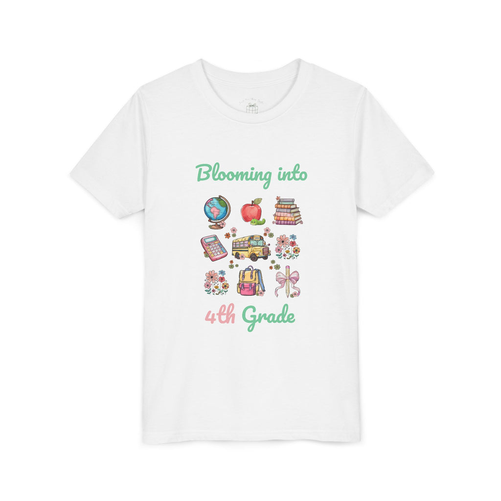 Floral school supplies collage design reading Blooming into grade, with personalized name, on white kids t-shirt
