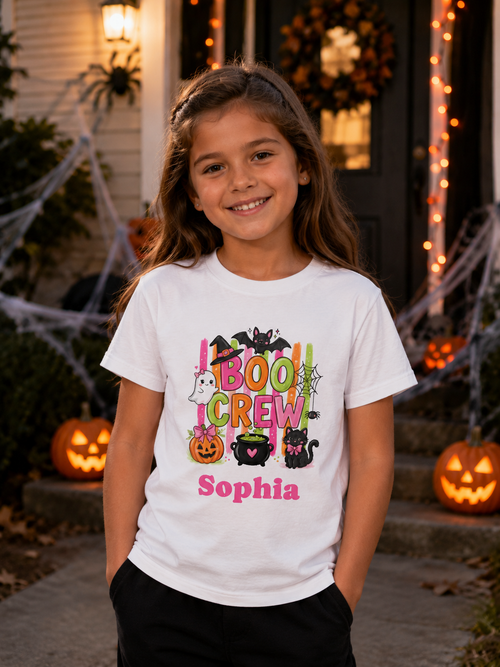 Girl wearing personalized Boo Crew Halloween t-shirt on a spooky decorated porch with jack-o-lanterns
