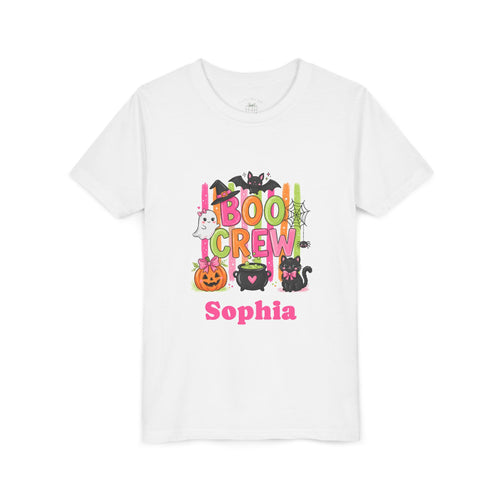 Boo Crew Halloween t-shirt design with a witch-hat ghost, black cat and cauldron, personalized name below
