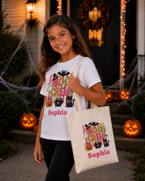 Girl carrying personalized Boo Crew Halloween tote bag while wearing a matching t-shirt on a decorated porch