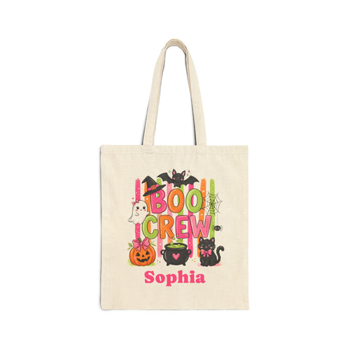 Boo Crew Halloween tote bag design with a witch-hat ghost, black cat and cauldron, personalized name below