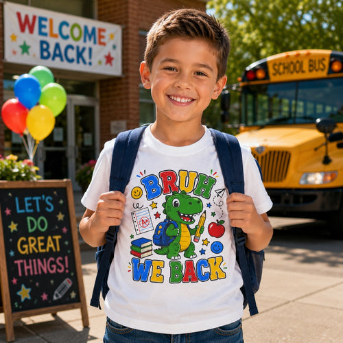 Boy wearing personalized Bruh We Back dinosaur t-shirt outside school with a Welcome Back banner and school bus