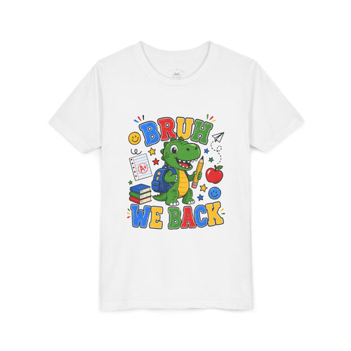 Bruh We Back dinosaur back to school t-shirt design with a backpack-wearing dinosaur, pencil, books and apple