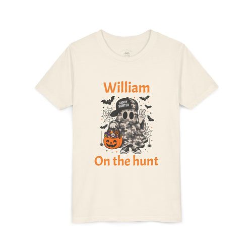 Candy Hunter ghost Halloween t-shirt design with a ghost in a cap holding a jack-o-lantern candy bucket, personalized name above