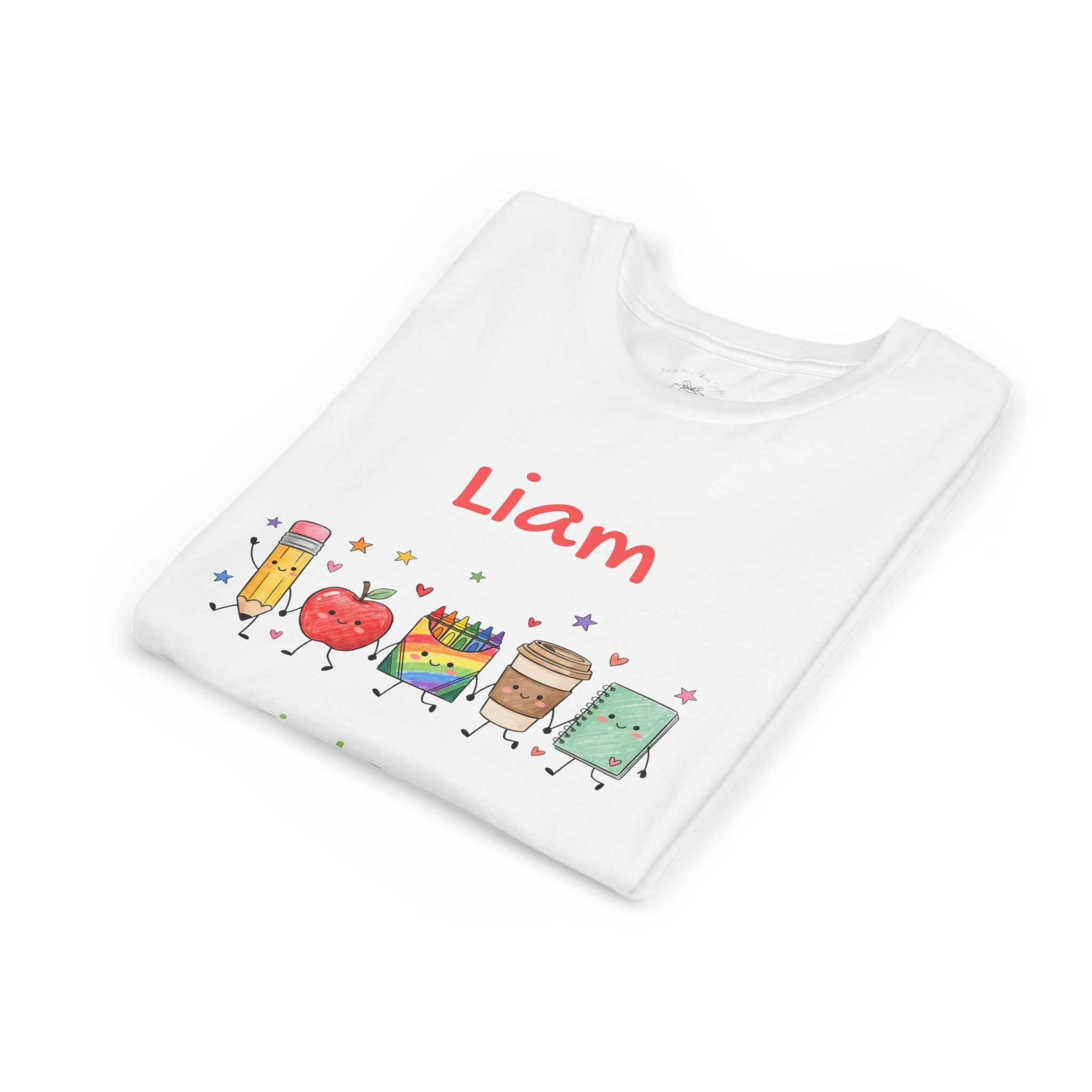 Folded first day in grade kids t-shirt showing the school supplies parade graphic