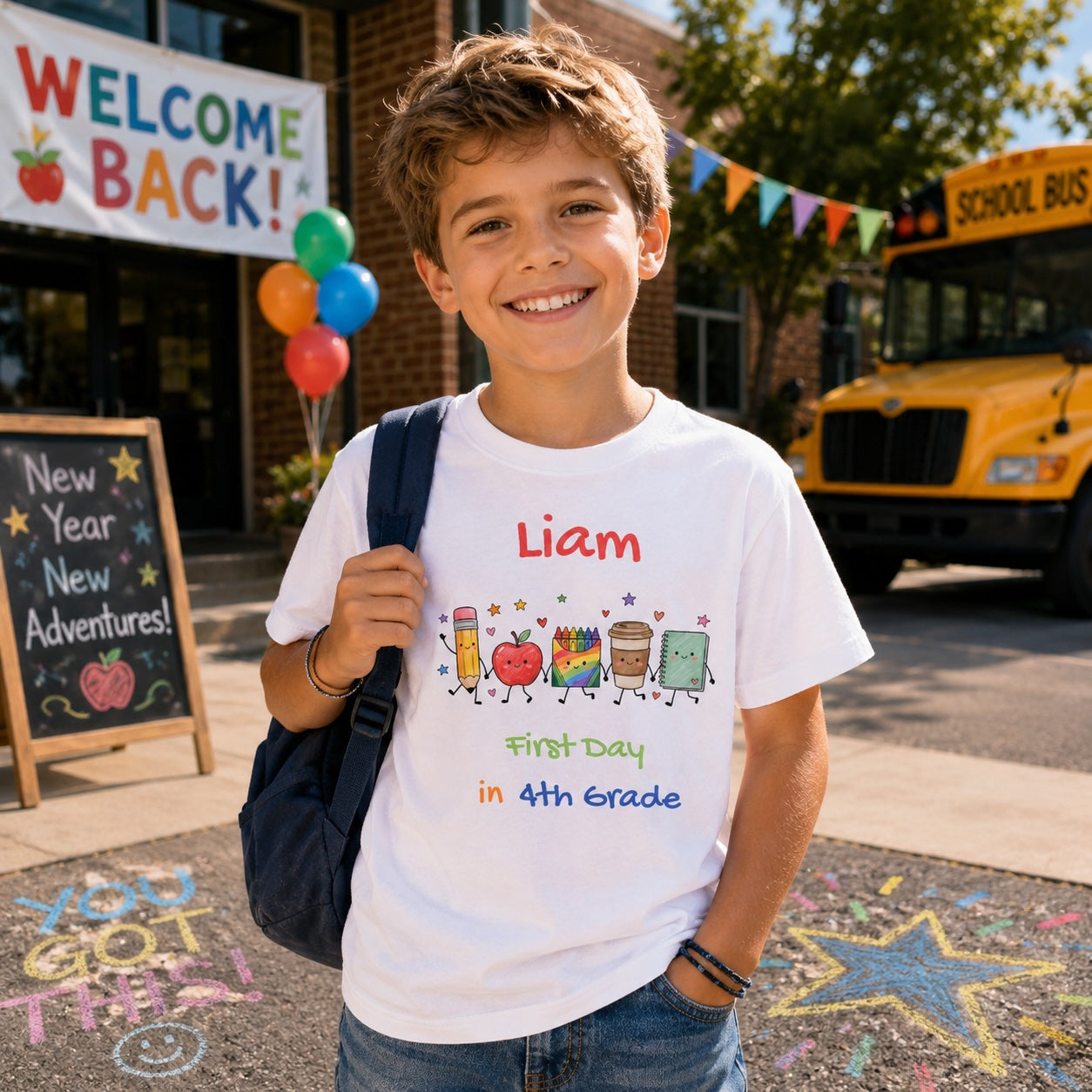 Child wearing personalized first day in grade t-shirt outside school with backpack and school bus