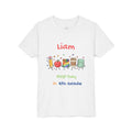 School supplies parade design reading First Day in Grade on white kids t-shirt
