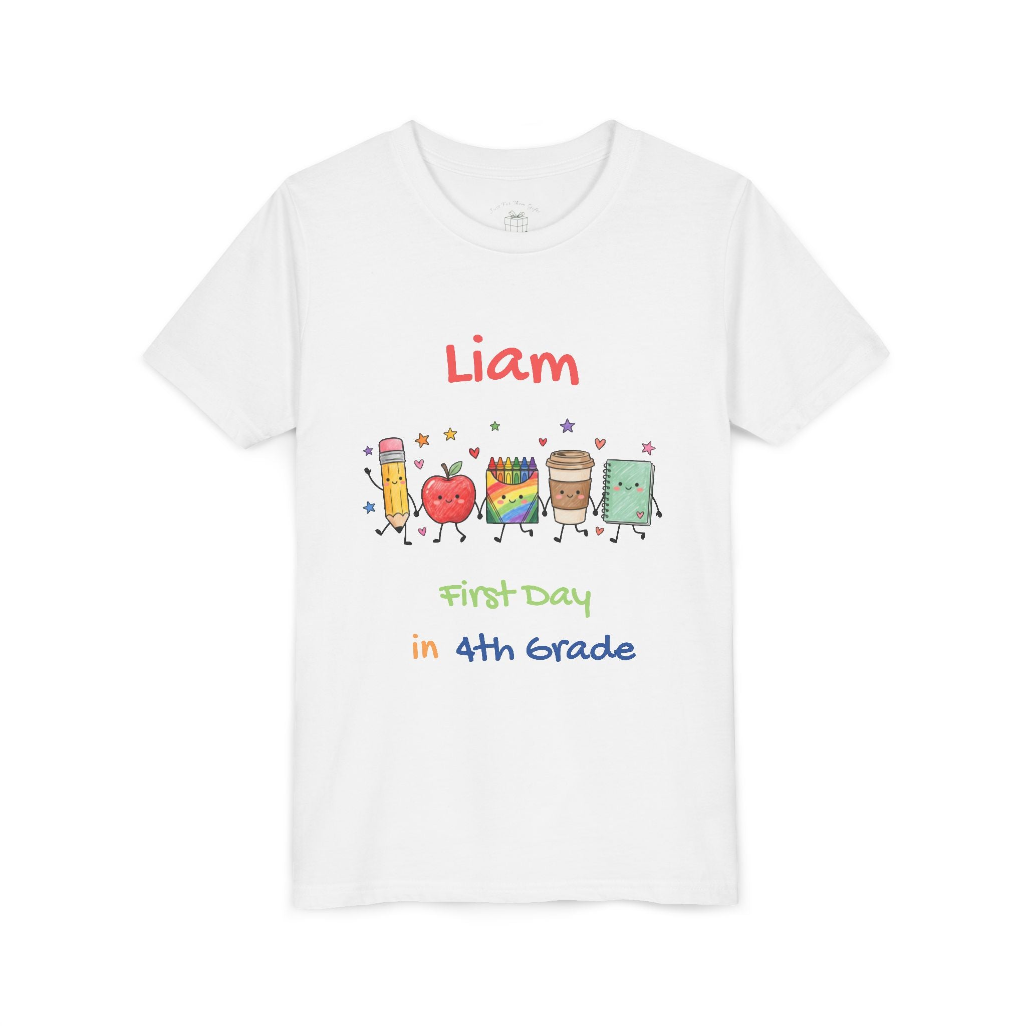 School supplies parade design reading First Day in Grade on white kids t-shirt