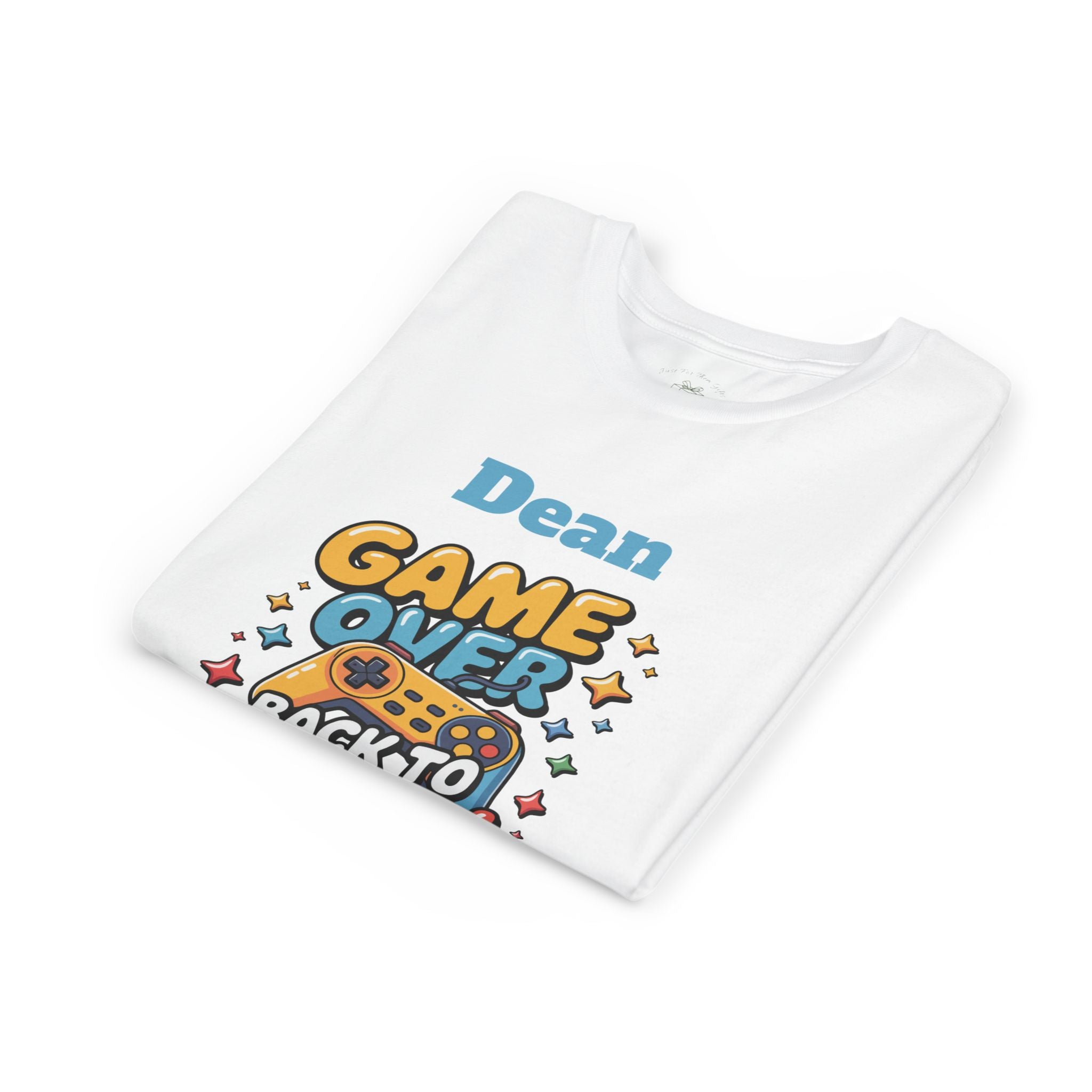 Folded game over back to school kids t-shirt showing the graphic design