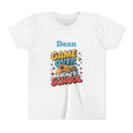 Game controller design reading Game Over Back to School, with personalized name, on white kids t-shirt