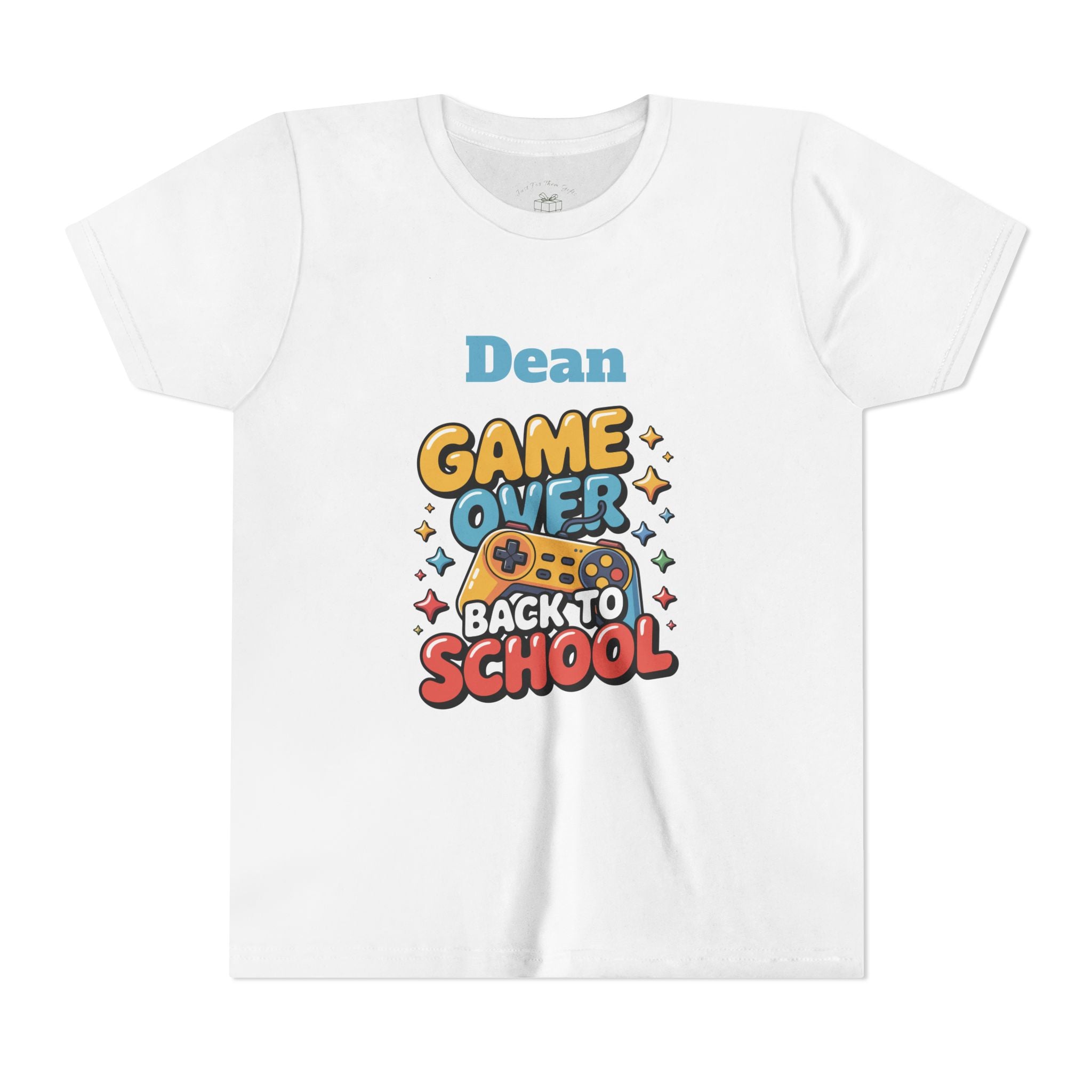 Game controller design reading Game Over Back to School, with personalized name, on white kids t-shirt