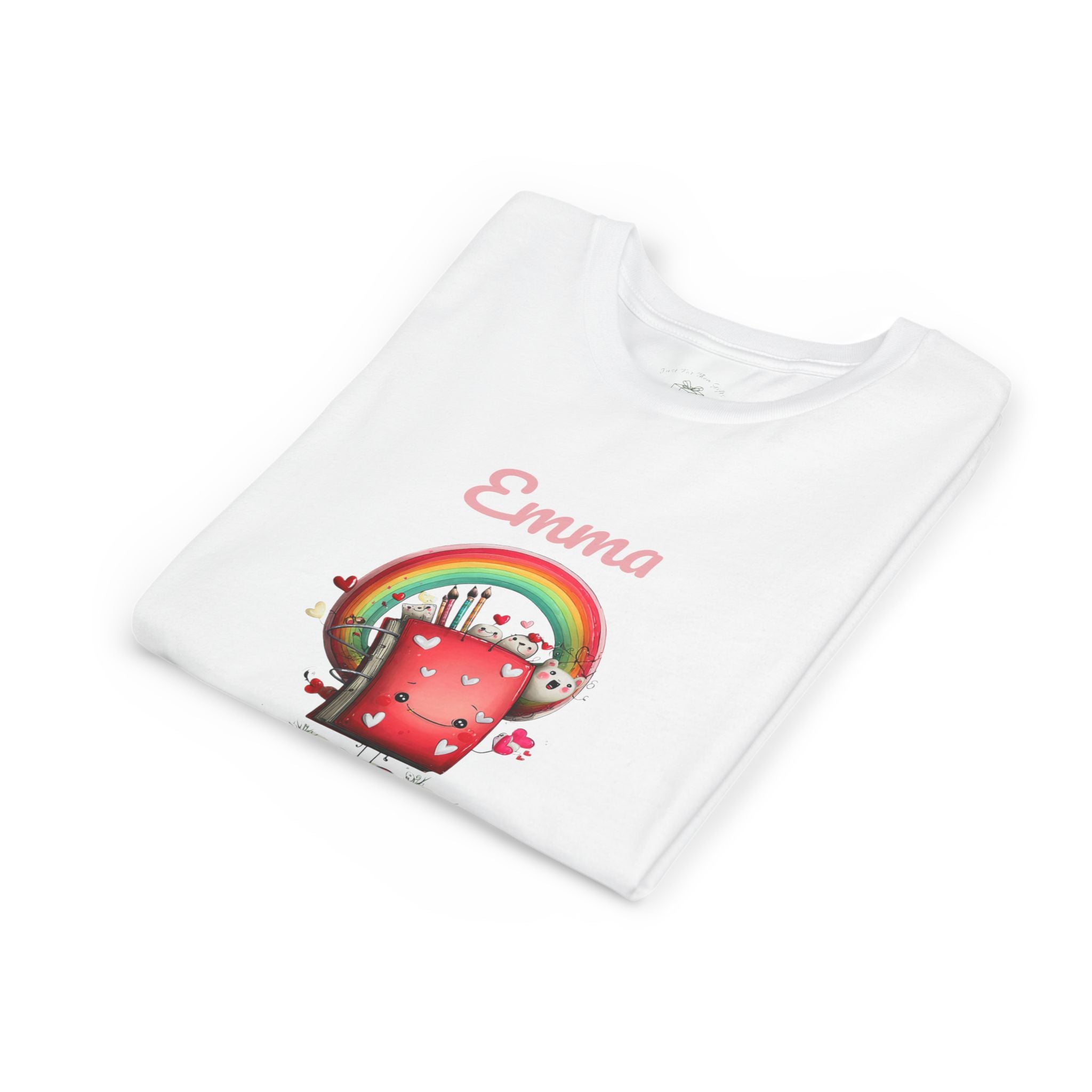 Folded growing smarter kids t-shirt showing the rainbow backpack graphic