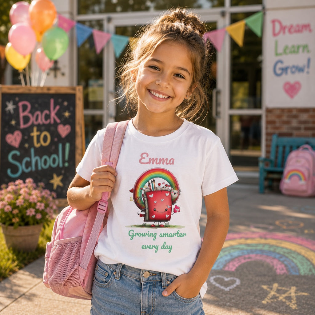 Child wearing personalized growing smarter t-shirt outside school with backpack and school bus