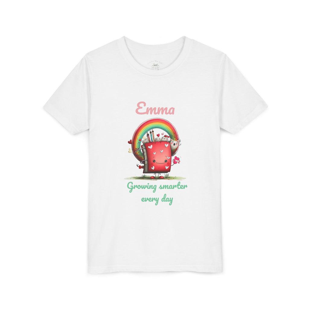Rainbow backpack design reading Growing Smarter Every Day, with personalized name, on white kids t-shirt