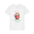 Rainbow backpack design reading Growing Smarter Every Day, with personalized name, on white kids t-shirt