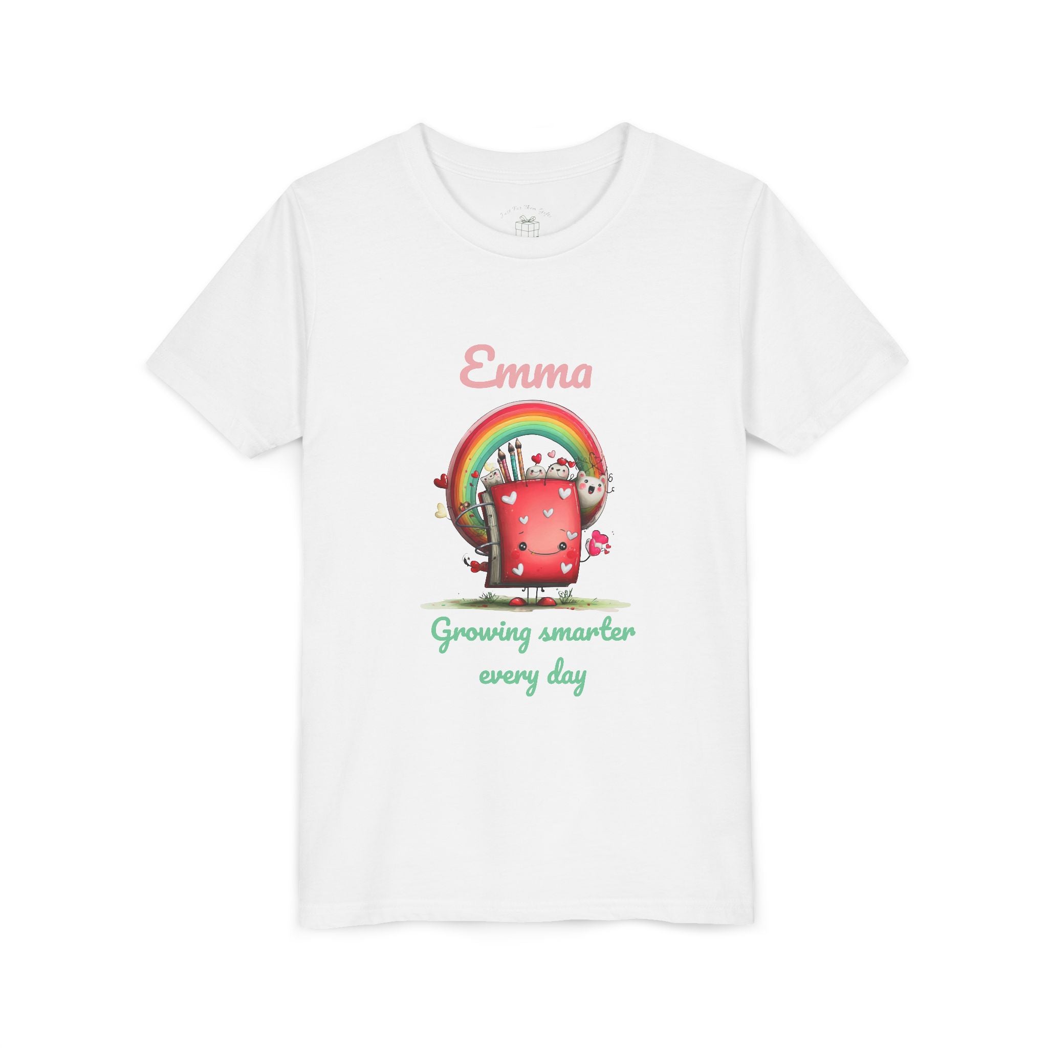 Rainbow backpack design reading Growing Smarter Every Day, with personalized name, on white kids t-shirt