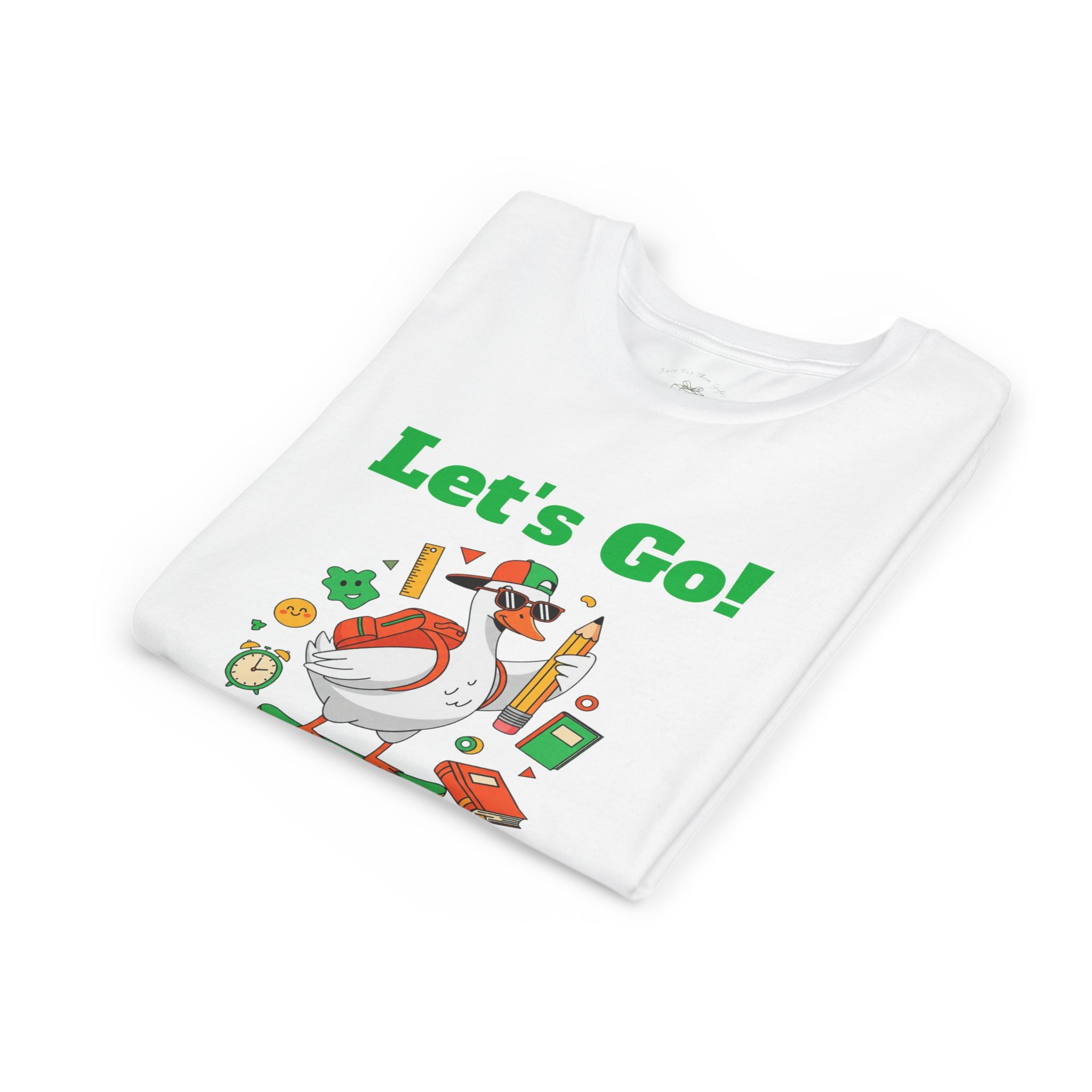 Folded let's go grade duck kids t-shirt showing the skateboard graphic