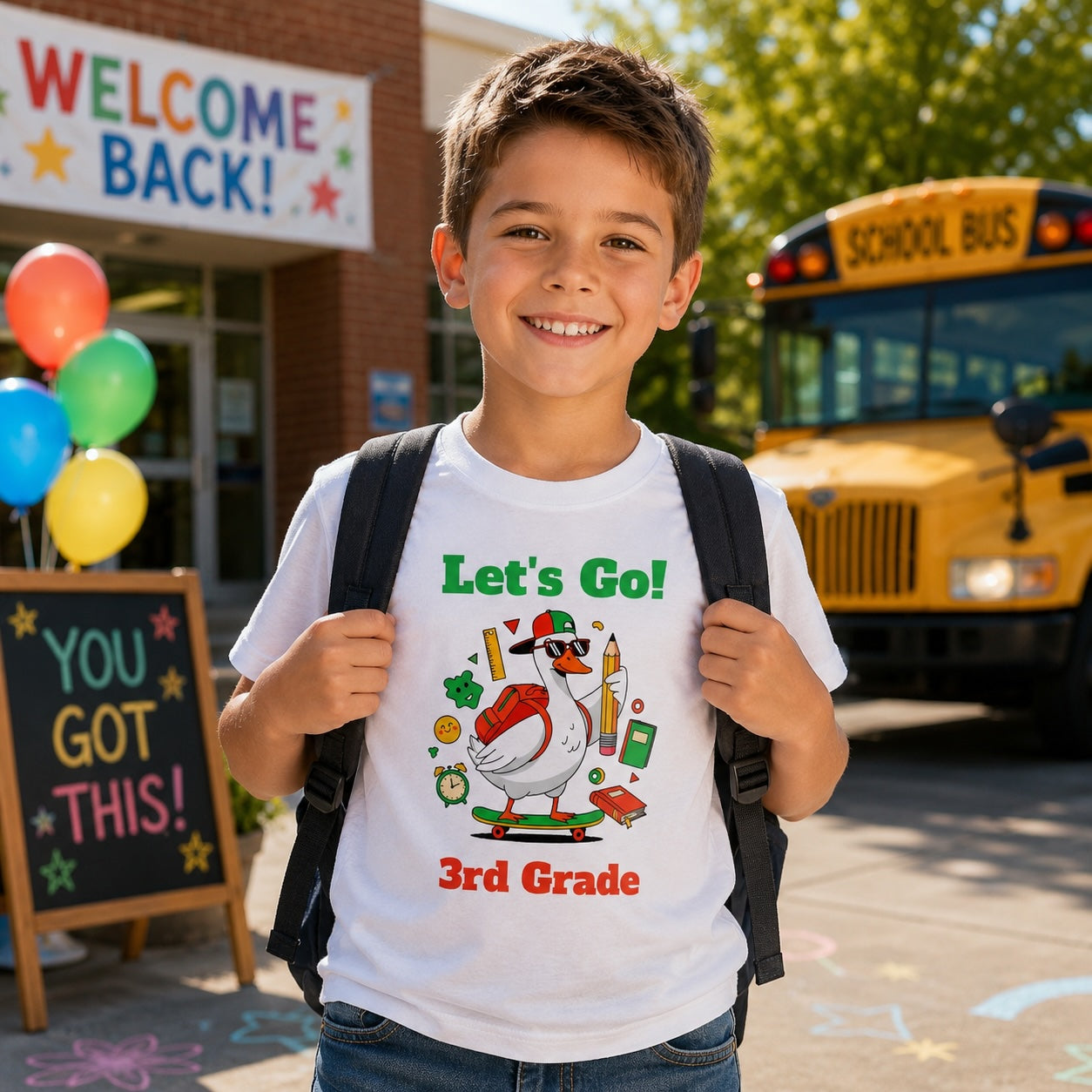 Child wearing personalized let's go grade duck t-shirt outside school with backpack and school bus