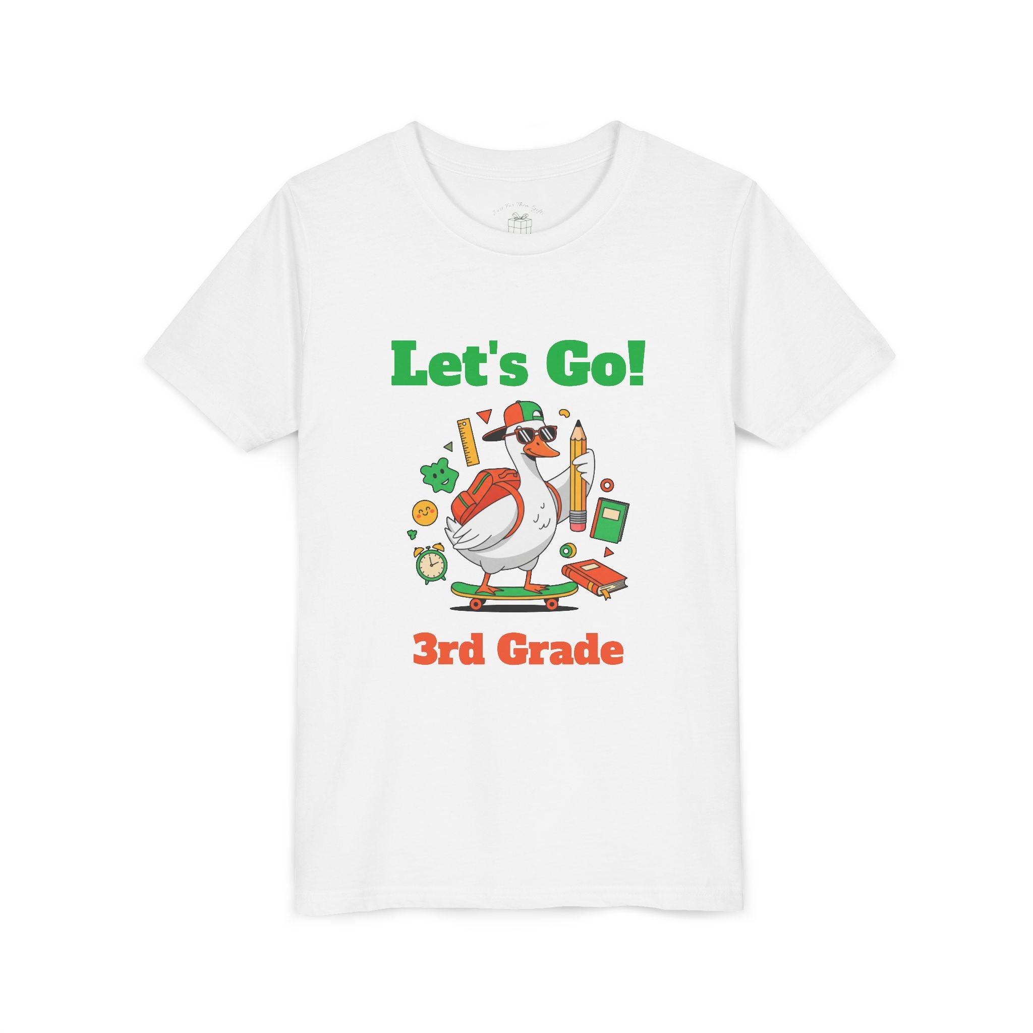 Skateboarding sunglasses duck design reading Let's Go Grade, with personalized name, on white kids t-shirt