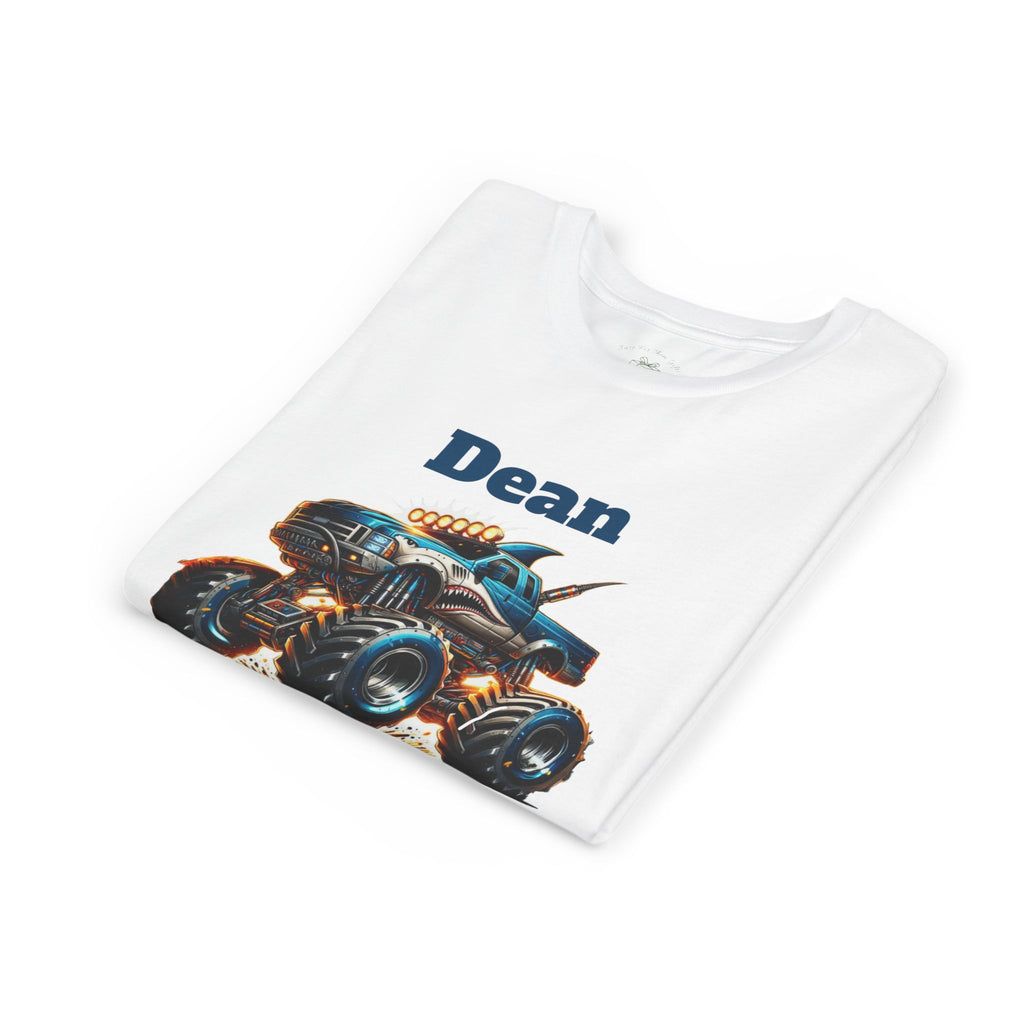 Folded monster truck ready to crush grade kids t-shirt showing the graphic design