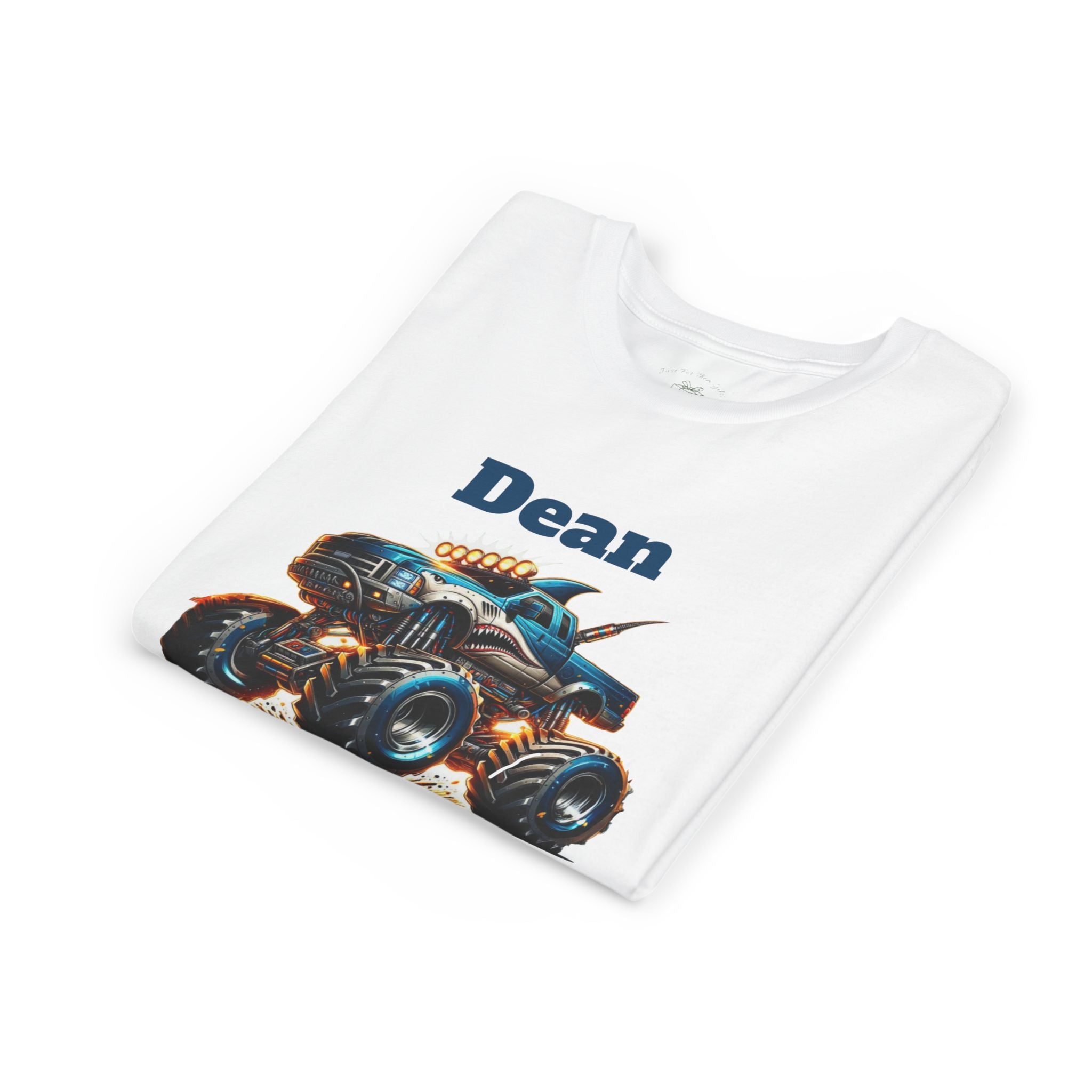 Folded monster truck ready to crush grade kids t-shirt showing the graphic design