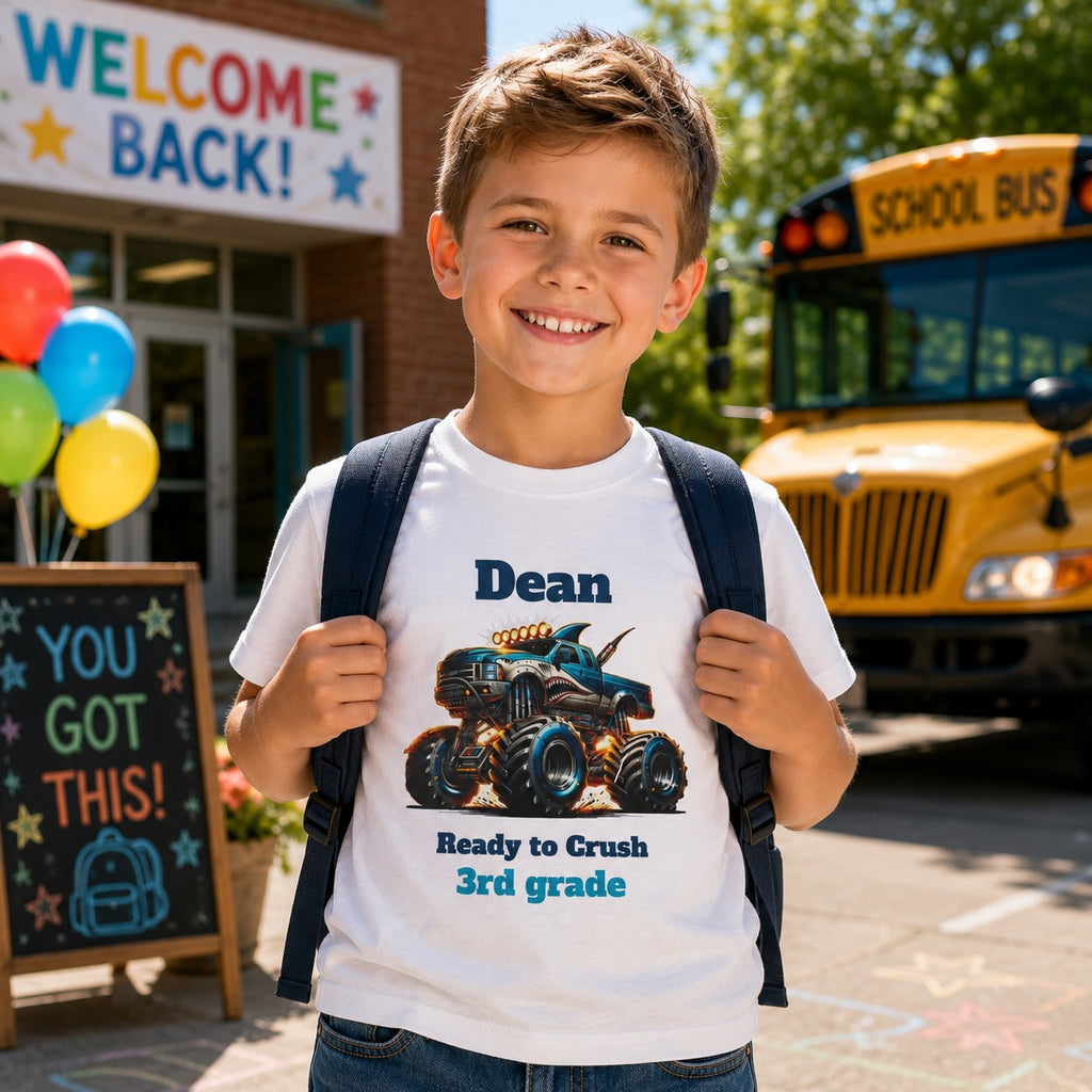 Child wearing personalized monster truck ready to crush grade t-shirt outside school with backpack and school bus