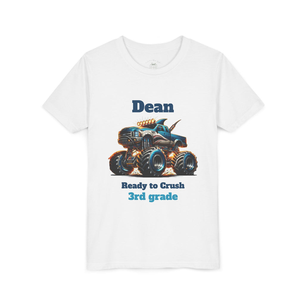 Monster truck design reading Ready to Crush Grade, with personalized name, on white kids t-shirt