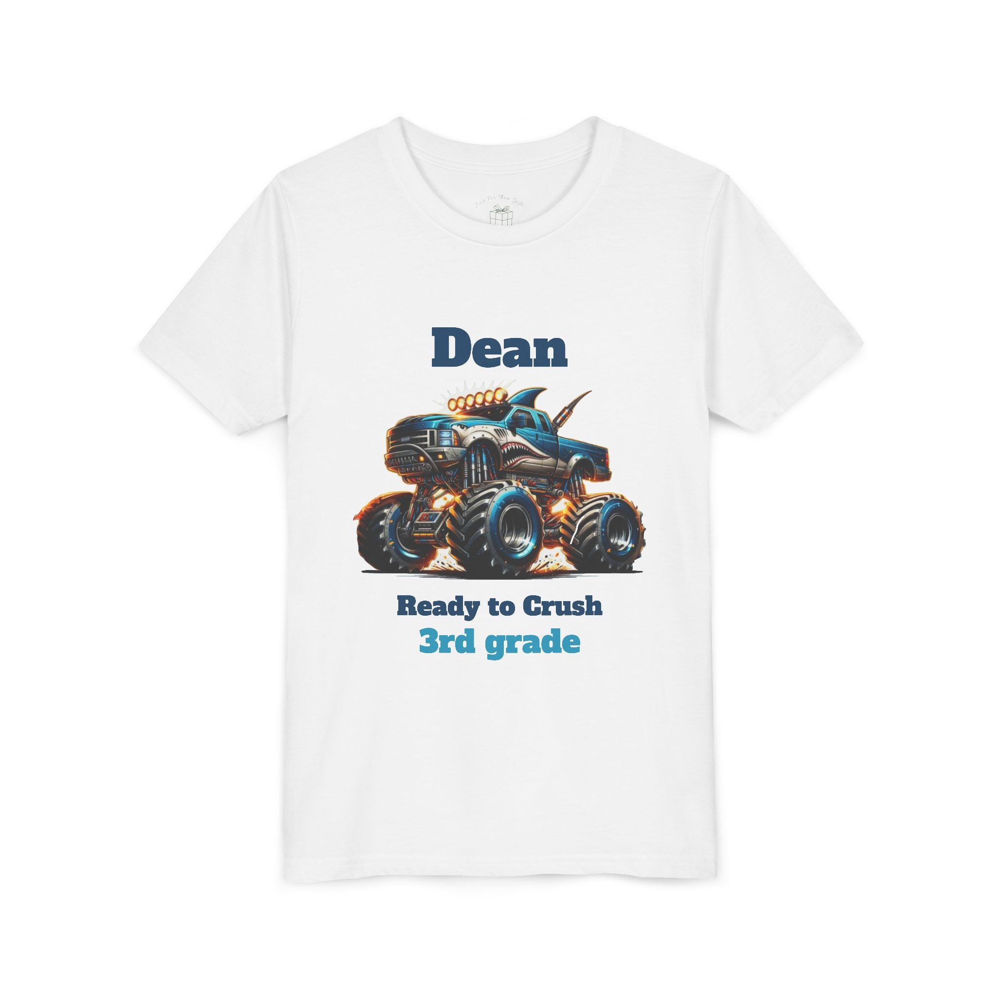 Monster truck design reading Ready to Crush Grade, with personalized name, on white kids t-shirt
