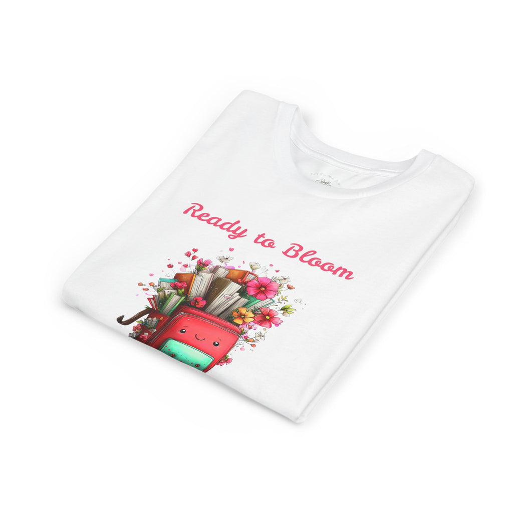 Folded ready to bloom in grade kids t-shirt showing the backpack graphic