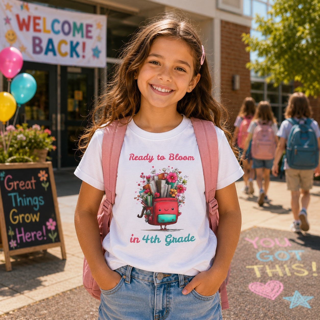 Child wearing personalized ready to bloom in grade t-shirt outside school with backpack and school bus
