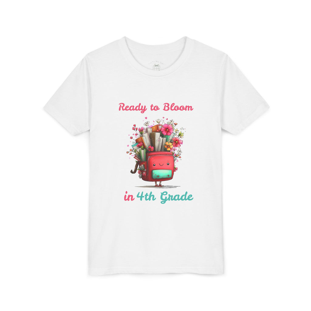 Blooming red backpack design reading Ready to Bloom in Grade on white kids t-shirt