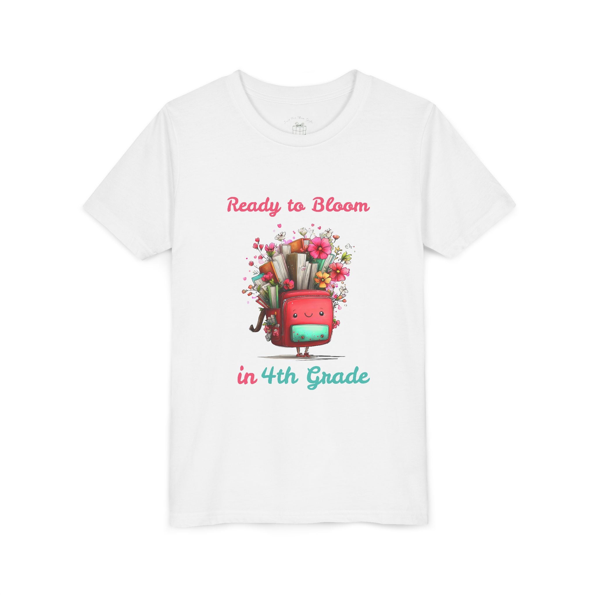 Blooming red backpack design reading Ready to Bloom in Grade on white kids t-shirt