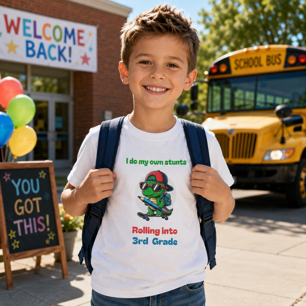 Child wearing personalized rolling into grade dinosaur t-shirt outside school with backpack and school bus