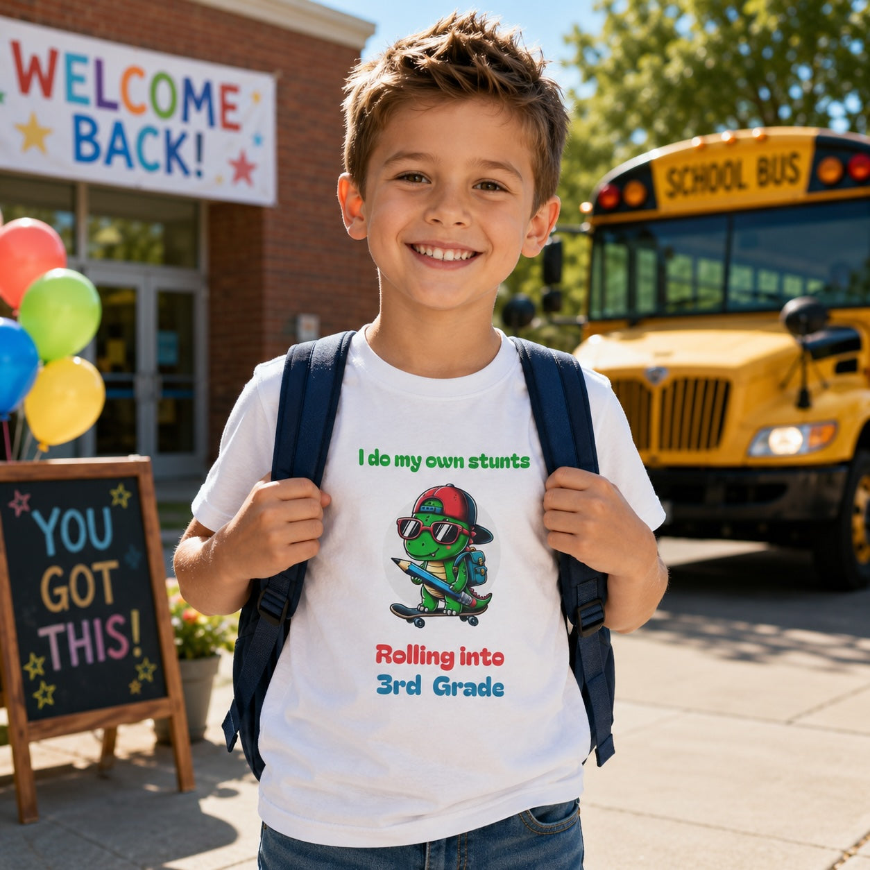 Child wearing personalized rolling into grade dinosaur t-shirt outside school with backpack and school bus