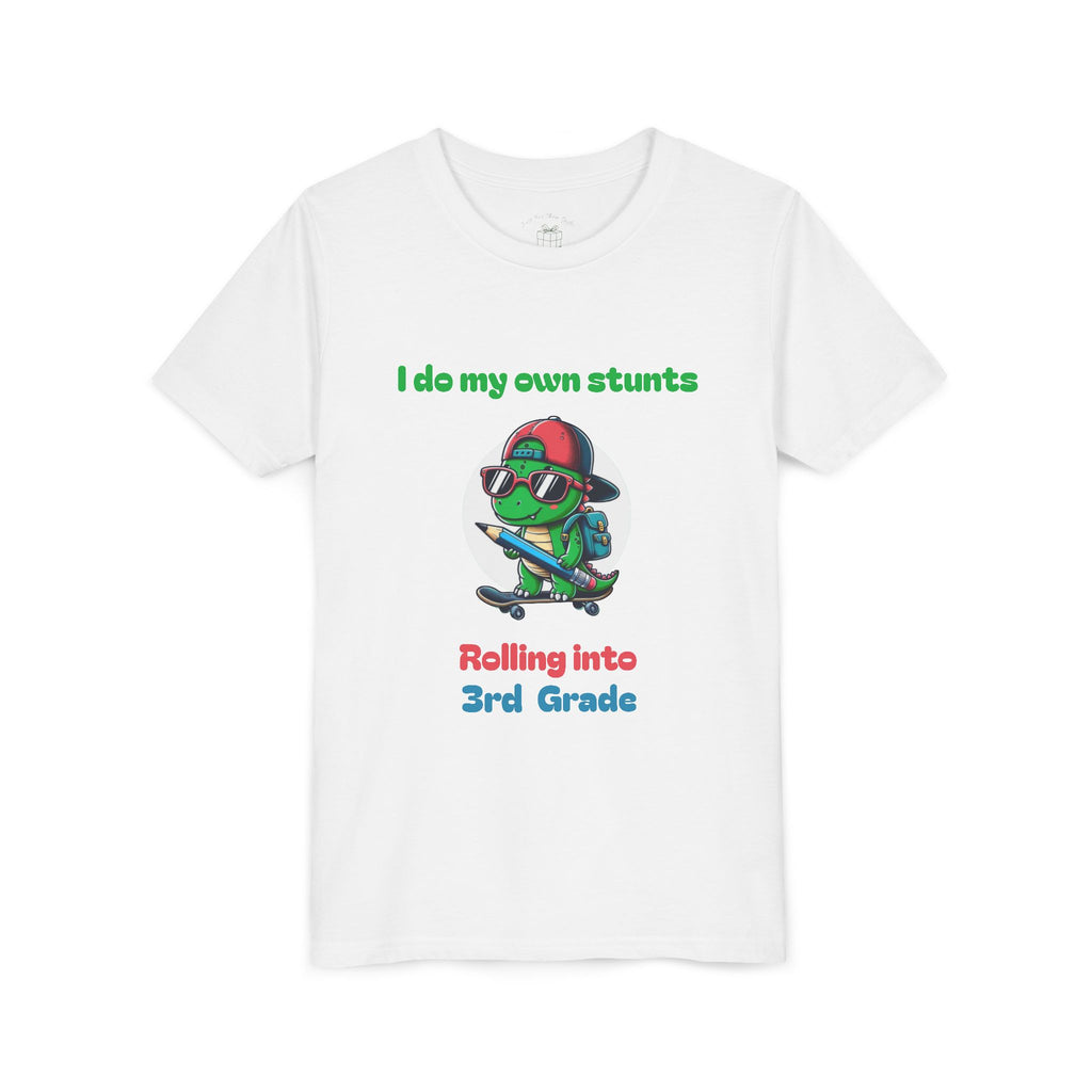 Skateboarding sunglasses dinosaur design reading I do my own stunts, rolling into grade, with personalized name, on white kids t-shirt