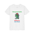 Skateboarding sunglasses dinosaur design reading I do my own stunts, rolling into grade, with personalized name, on white kids t-shirt