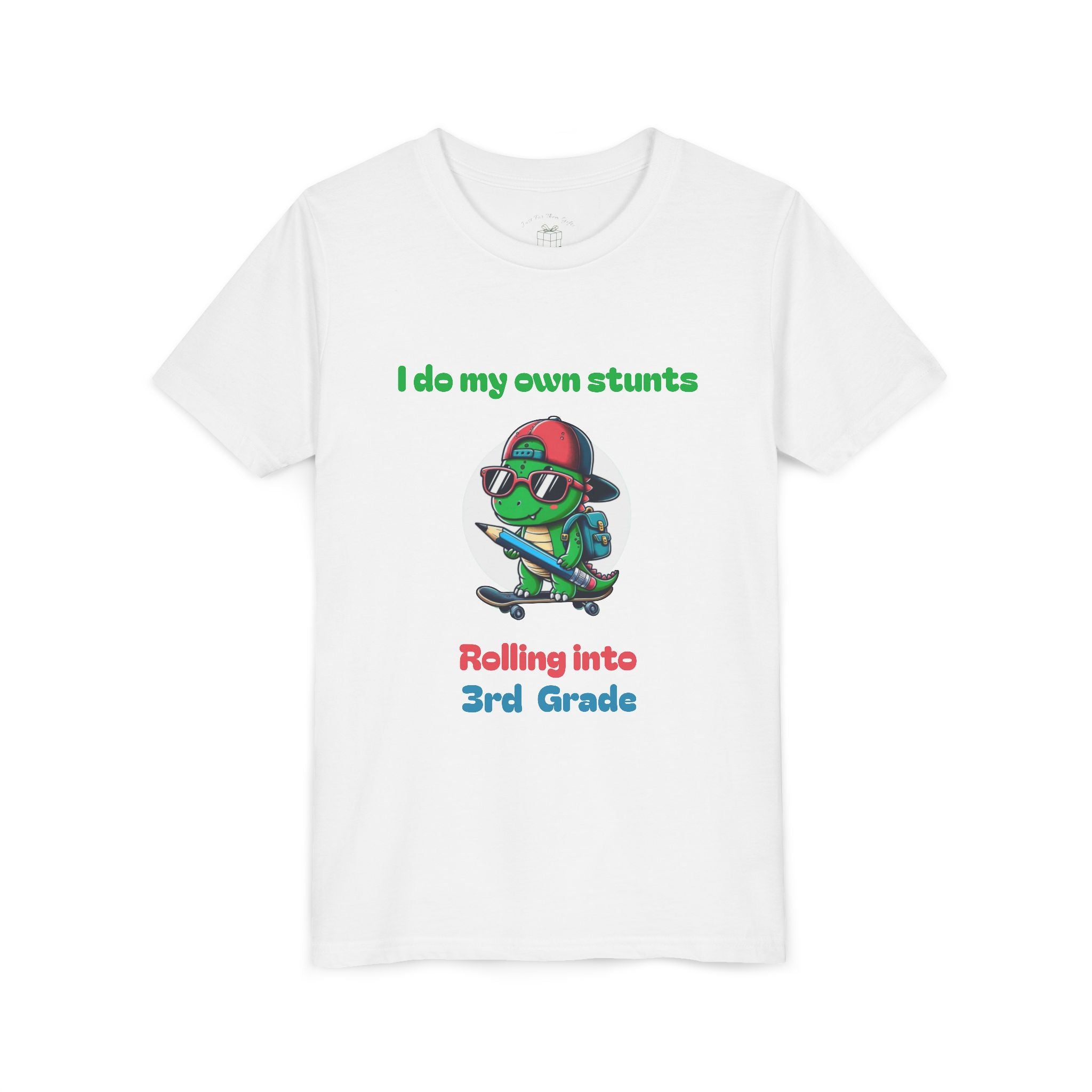 Skateboarding sunglasses dinosaur design reading I do my own stunts, rolling into grade, with personalized name, on white kids t-shirt