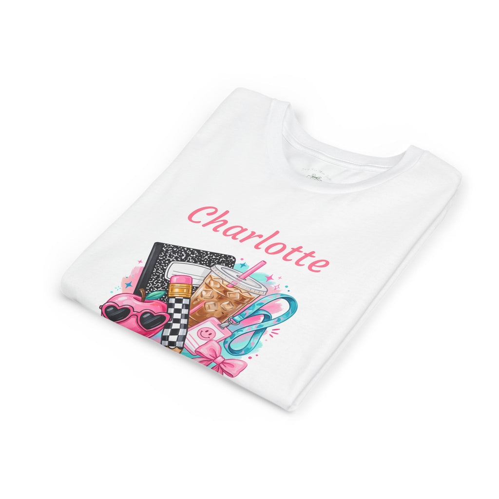 Folded school friends snacks kids t-shirt showing the graphic design