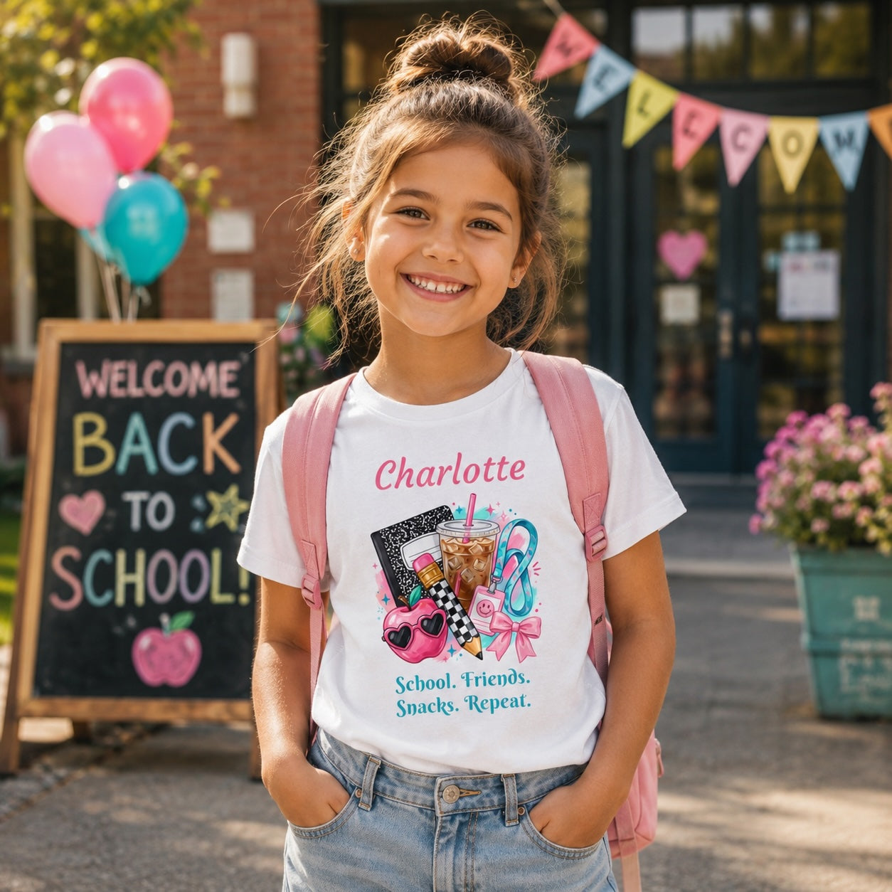 Child wearing personalized school friends snacks t-shirt outside school with backpack and school bus