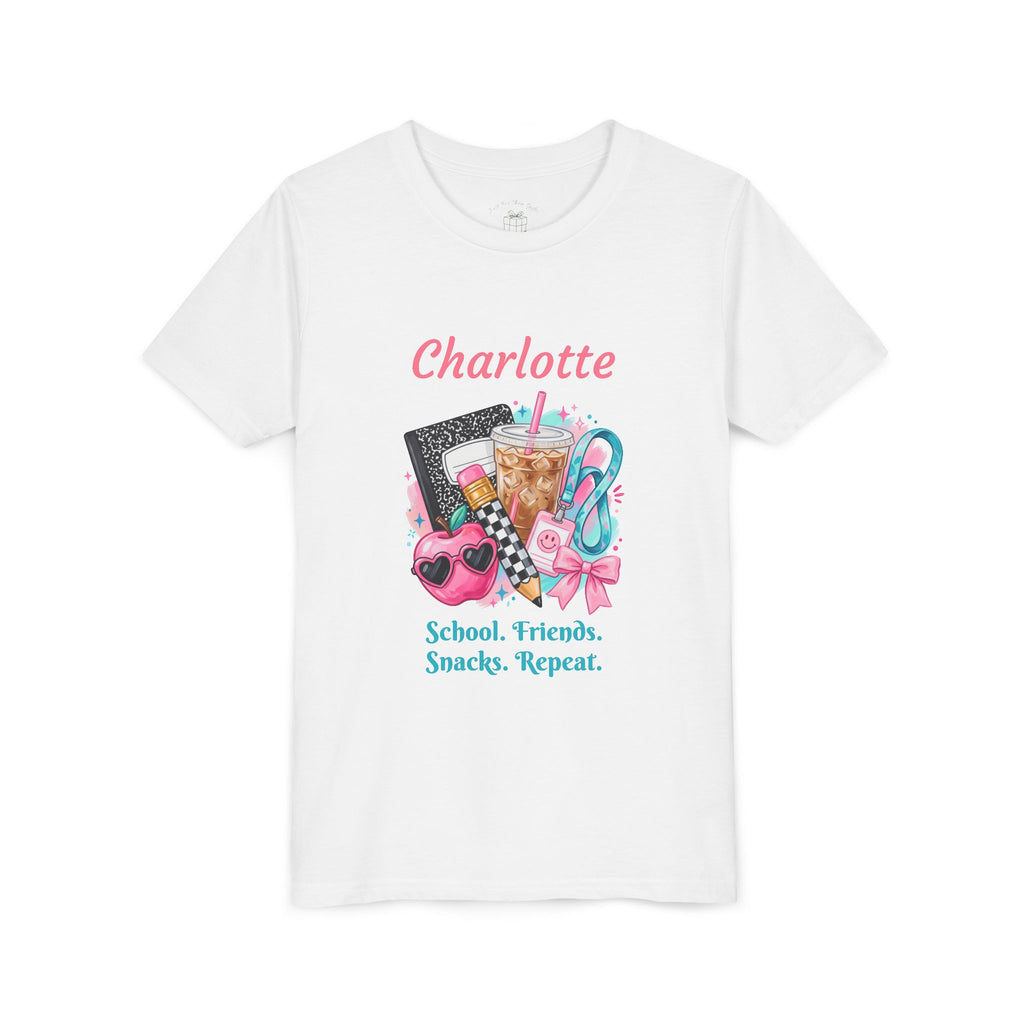 Trendy school supplies design reading School. Friends. Snacks. Repeat, with personalized name, on white kids t-shirt