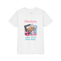 Trendy school supplies design reading School. Friends. Snacks. Repeat, with personalized name, on white kids t-shirt