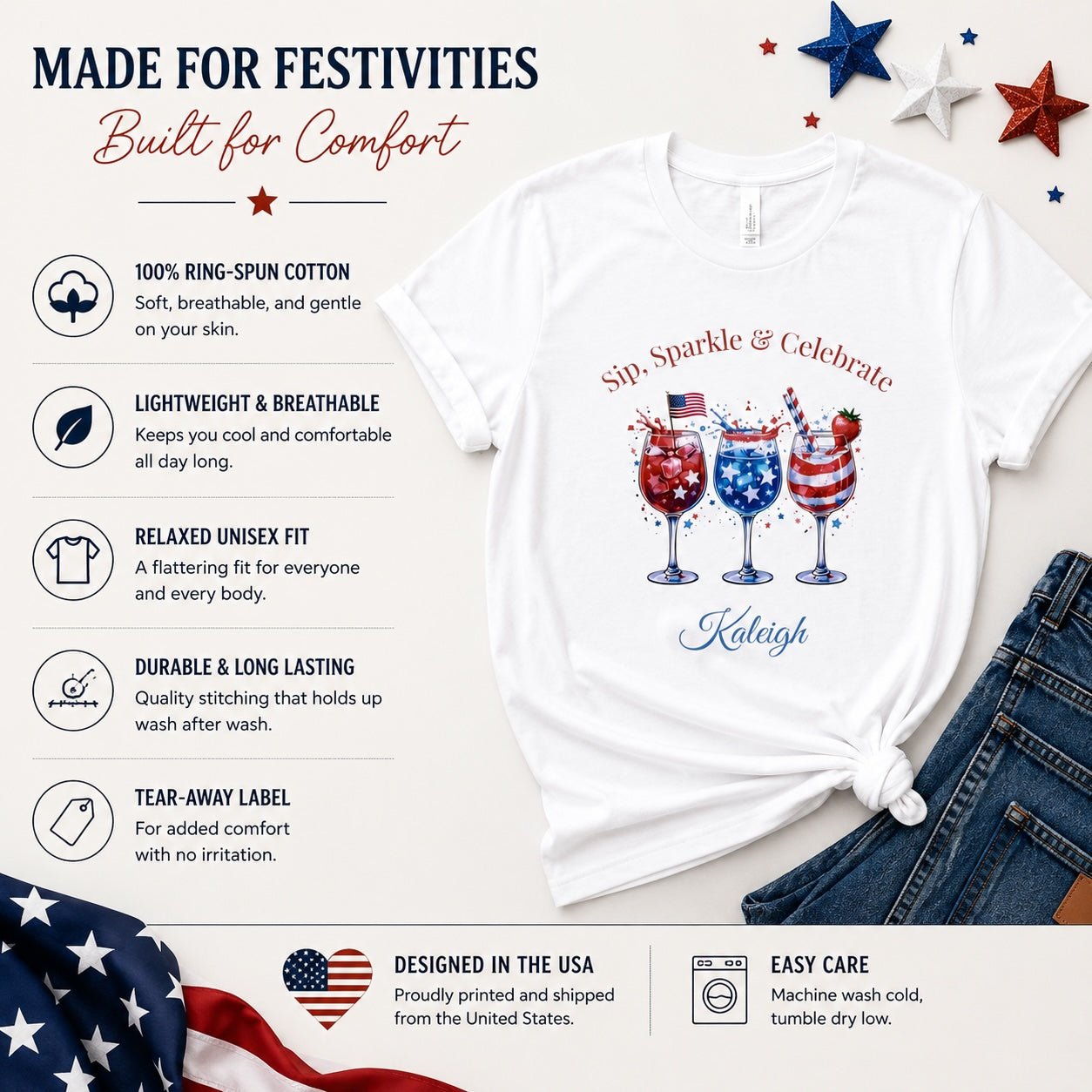 4th of July personalized t-shirt for women – Sip Sparkle & Celebrate tee angled view showing patriotic cocktail design and custom name