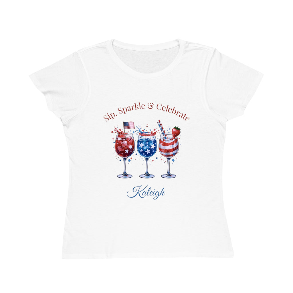 Personalized Sip, Sparkle & Celebrate T-Shirt – white organic cotton tee with patriotic cocktail glasses design and custom name, worn by model