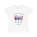Personalized Sip, Sparkle & Celebrate T-Shirt – white organic cotton tee with patriotic cocktail glasses design and custom name, worn by model