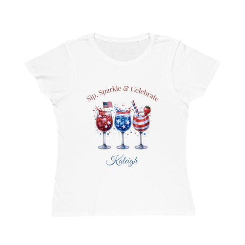 Personalized Sip, Sparkle & Celebrate T-Shirt – white organic cotton tee with patriotic cocktail glasses design and custom name, worn by model